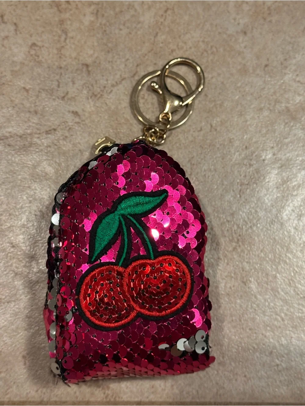 Sequin Cherry Keychain Pouch - Pink